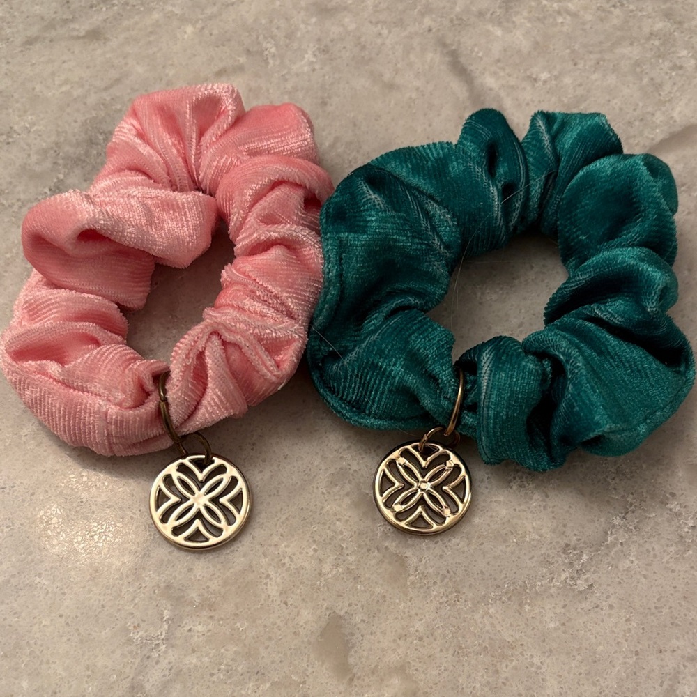 Lilly Pulitzer set of NWOT Pink and Teal Velvet Scrunchies with Charms
